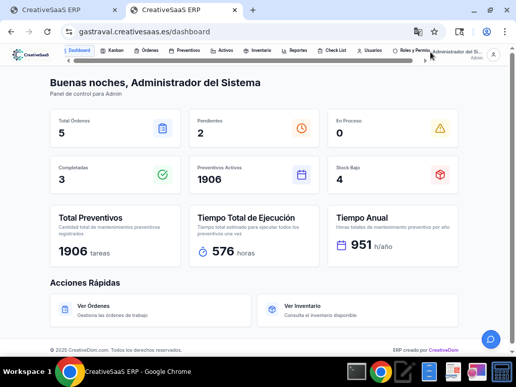 Software ERP CreativeSaaS - Panel de Control Dashboard con KPIs y Gestión de Mantenimiento en Tiempo Real