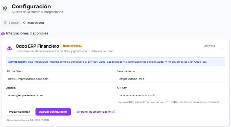 Integración CreativeSaaS con Odoo - Configuración de sincronización ERP